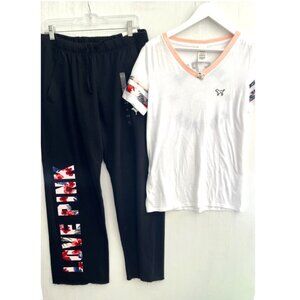 PINK Victorias Secret 2-Piece Set Boyfriend Sweat Pants & T Shirt Floral S/M NWT